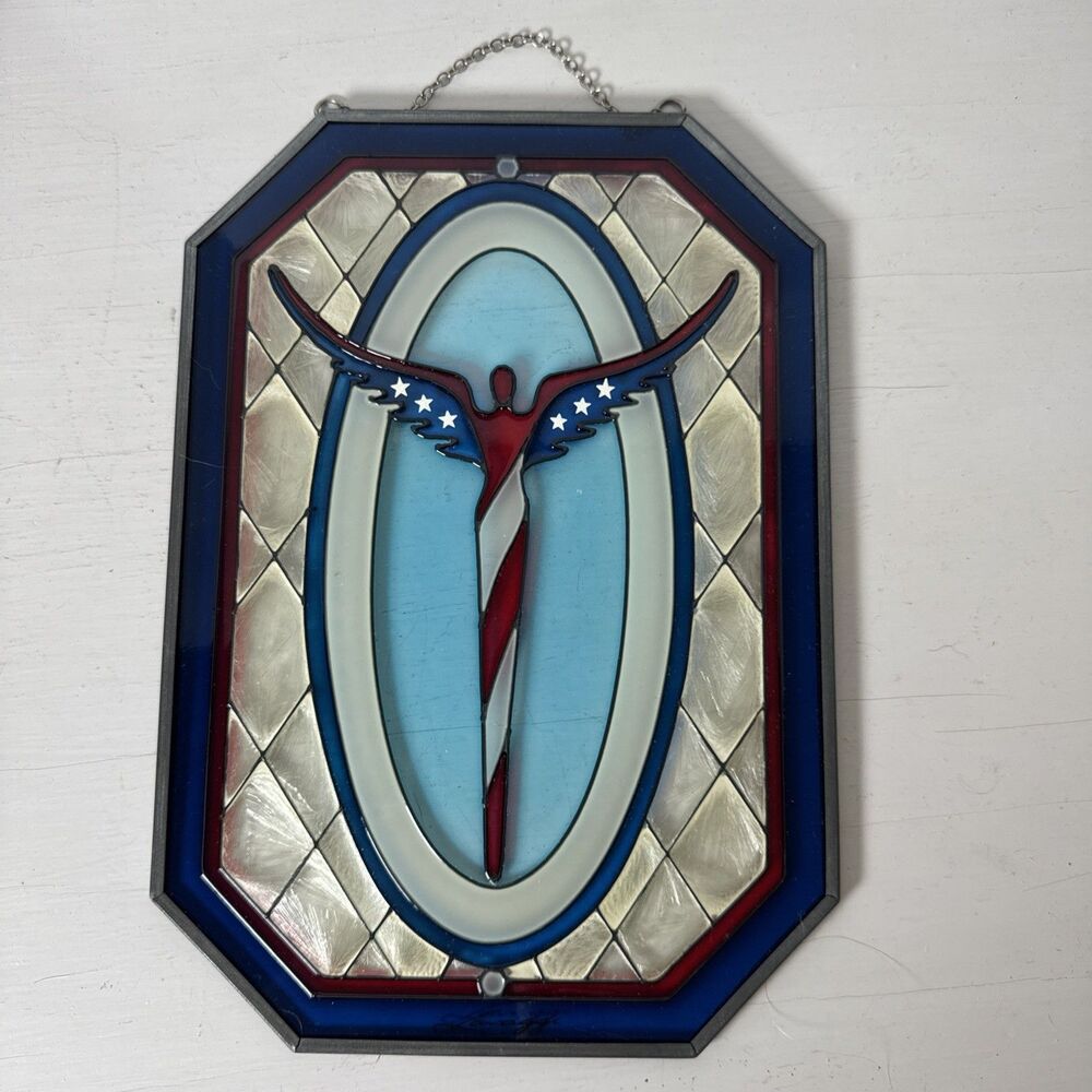 Lavaggi Signed American Angel Sun Catcher Stained Glass Metal Frame Chain Rare